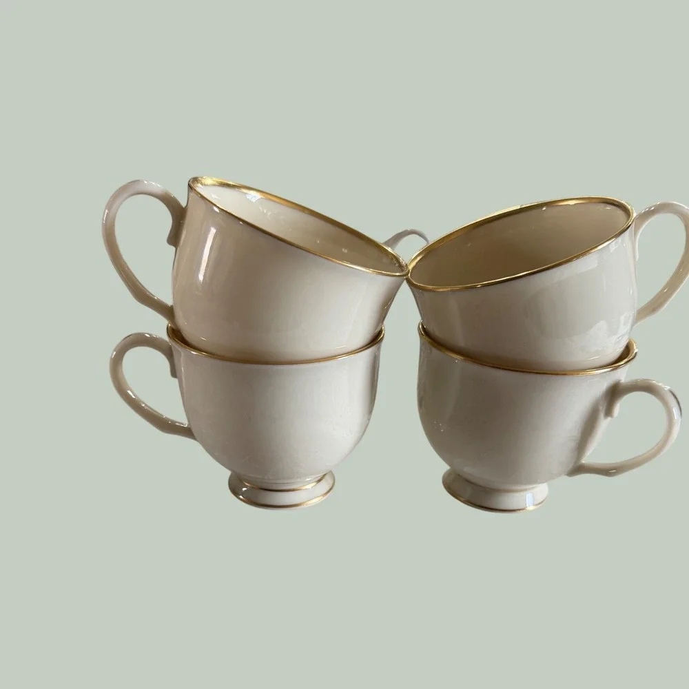Lenox Mansfield Ivory Bone China Teacups Gold Trim Set of 4 Made in USA